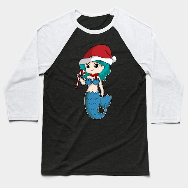 Santa Hat Mermaid with candy cane Christmas Holiday Baseball T-Shirt by TheBeardComic